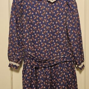 Gunne Sax Blue Floral Dress with Lace Detail